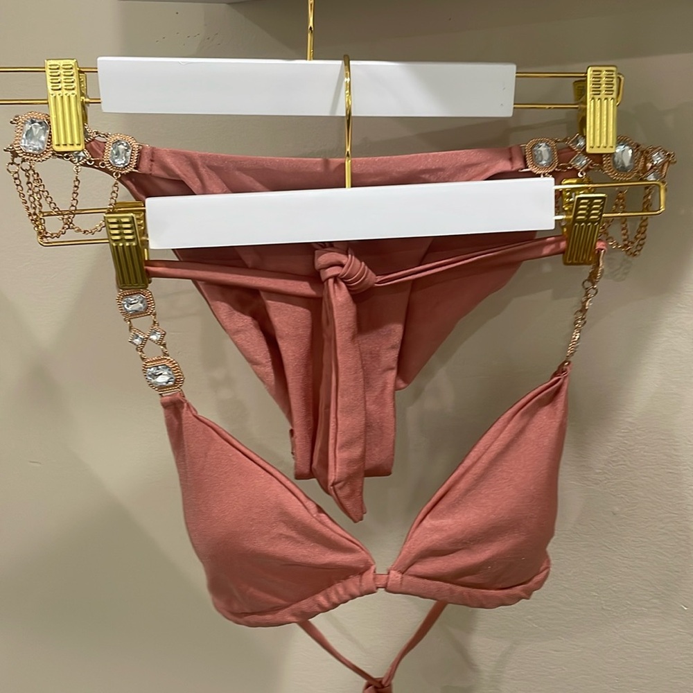 NWT dusty rose rhinestone competition M XL triangle string scrunch jewels bikini